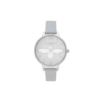 Olivia Burton Eco-Friendly Silver Glitter 3D Bee Dial Watch