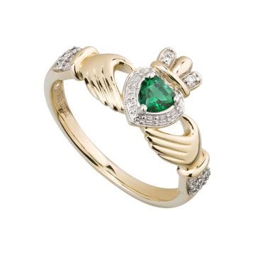 14K Gold Diamond & Emerald Claddagh Ring Size 7