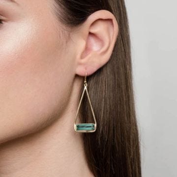 Juvi Yellow Gold Manhattan Swing Green Tourmaline Drop Earrings. Image one