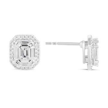 18k White Gold Diamond Baguette Halo Earrings