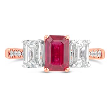 18K Rose Gold, Platinum, Ruby & Diamond Emerald Cut Trilogy Ring