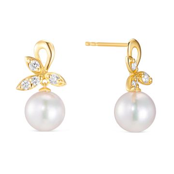 18k Yellow Gold Akoya Pearl and Diamond Drop Earrings