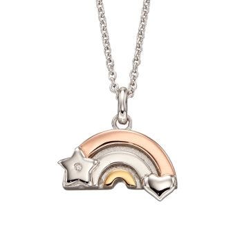 Adorn your little one with the Silver Kaya Diamond Rainbow Pendant Necklace, a delightful and symbolic gift perfect for christening or first communion. This necklace features a charming rainbow pendant adorned with a sparkling diamond, symbolizing hope an