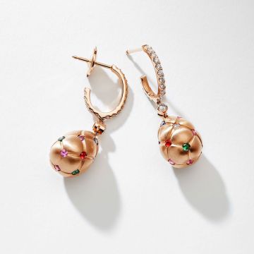 Faberge Treillage 18k Gold Diamond Multi-Gemstone Egg Drop Earrings