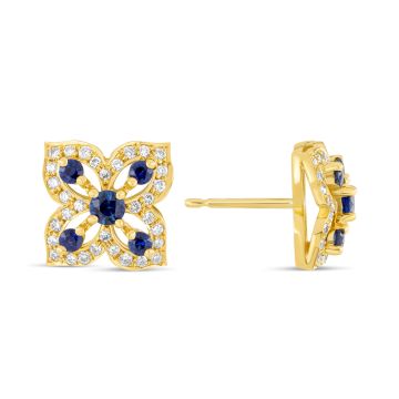 18K Yellow Gold, Sapphire and Diamond Flower Design Earrings