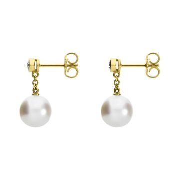 18k Yellow Gold Diamond 8mm White A+ Akoya Pearl Drop Earrings