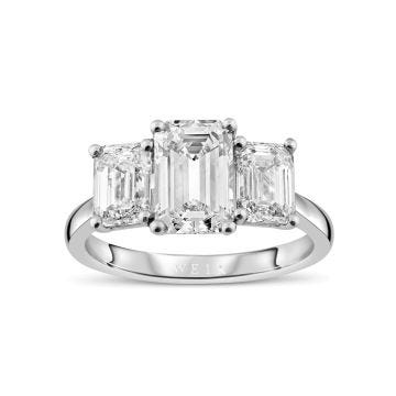 Weir Collection Platinum 3.38 Carat E VS2 Emerald Cut Diamond Three Stone Ring