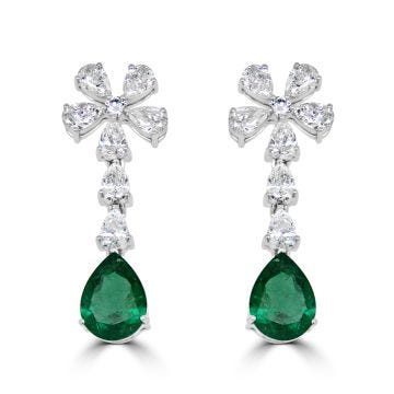 Weir Collection 18k White Gold Diamond & Emerald Drop Flower Cluster Earrings