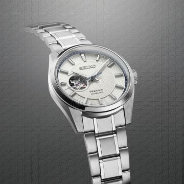 Photo of the Seiko Presage Sharp Edged Midday 40mm watch (SPB309J1) with a white textured dial, automatic movement, and a stainless steel case