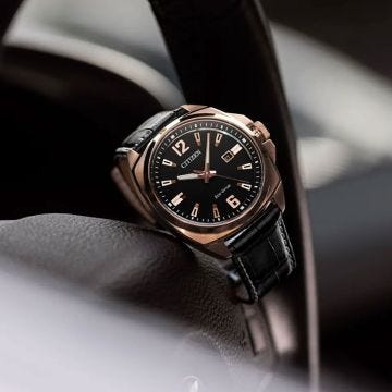 Photo of the Citizen Men's Sport 42mm, Black Dial, Rose Gold Tone Stainless Steel, Eco-Drive Watch AW1723-02E
