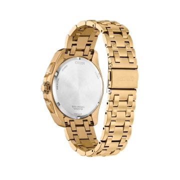 Photo of the Citizen Men's Chronograph 44mm, Black Dial, Gold Tone Stainless Steel, Eco-Drive Watch CA4512-50E