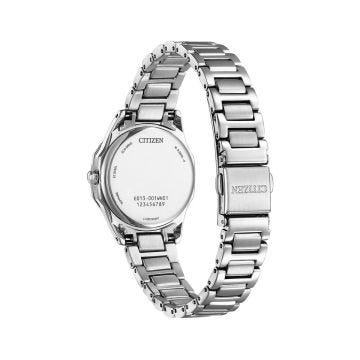Phot of the Citizen Diamond Octavia 28mm Eco-Drive watch with mother of pearl dial, stainless steel case, and diamond accents, model EW2650-51D. A luxurious, light-powered timepiece perfect for adding a touch of elegance to any outfit.