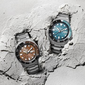 Photo of the Seiko 5 Sports SKX 'Skeleton Style' 42.5mm Blue Dial Automatic Movement Stainless Steel Watch (SRPJ45K1), featuring a bold blue dial and intricate skeleton design