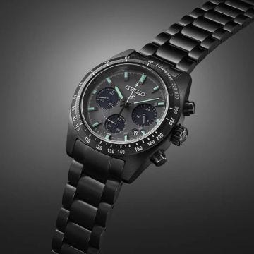 Seiko Black Series Night Speedtimer Solar Chronograph, Prospex 39mm, Grey Dial, Solar Quartz Movement, Ceramic Case, Ceramic Bracelet Watch ssc917p1