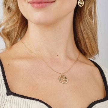 14K Gold Flush Set Diamond & Emerald Tree of Life Necklace