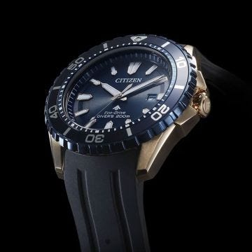 Photo of the Citizen Promaster Diver 44mm, Blue Dial, Rose Gold Tone Stainless Steel Case, Black Silicone Strap, Eco-Drive Watch BN0196-01L