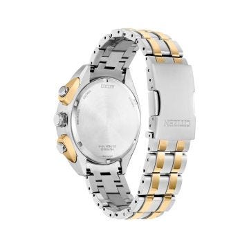 Photo of the Citizen Men's Chronograph 43mm, Blue Dial, Stainless Steel & Gold PVD, Eco-Drive Watch CA4544-53L