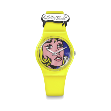 Swatch Art Journey 2023 REVERIE BY ROY LICHTENSTEIN, THE WATCH 34mm, Round Blue Dial, Quartz, Yellow Case, Yellow Strap Watch