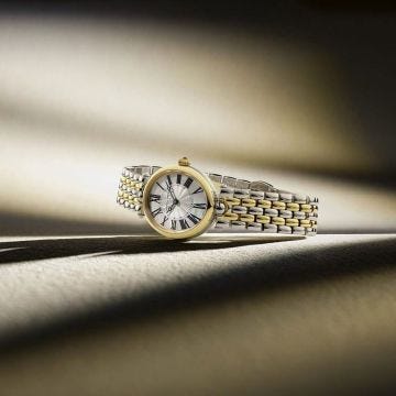 Photo of the Frederique Constant Classics Art Deco Round 30mm Quartz Watch with Mother of Pearl & Guilloché Dial, Stainless Steel & Yellow Gold PVD Case – FC-200MPW2V23B