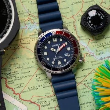 Photo of the Citizen Promaster Diver 44mm, Blue Dial, Stainless Steel Case, Blue Silicone Strap, Eco-Drive Watch BN0168-06L