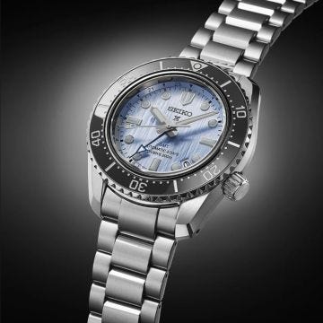 Seiko Glacier Blue GMT Prospex 42mm, Blue Dial, Automatic Movement, Stainless Steel Case, Stainless Steel Bracelet Watch SPB385J1