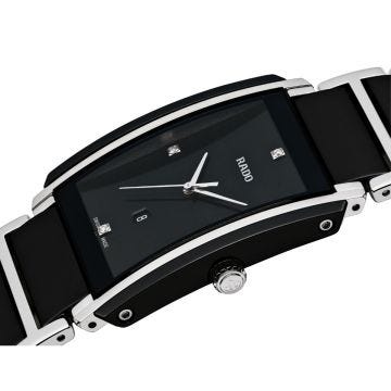 Rado Integral Diamonds Date 31mm watch with a black dial, quartz movement, and ceramic and stainless steel construction. The watch features a ceramic and stainless steel bracelet, combining durability with sophisticated style