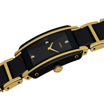 Experience the epitome of elegance with the Rado Integral Diamonds 22.7mm watch. Featuring a sleek black dial, precise quartz movement, and a luxurious ceramic and stainless steel PVD case, this timepiece blends sophistication with durability. Complemente