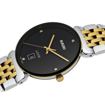 Elevate your style with the Rado Florence Diamonds 38mm watch. Featuring a sleek black dial, precise quartz movement, and a durable stainless steel case, this timepiece exudes elegance. Its stainless steel PVD bracelet is adorned with diamonds, adding a t