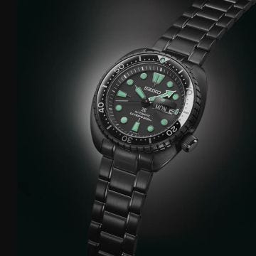 Seiko Black Series Night Vision Turtle Diver, Prospex 45mm, Black Dial, Automatic Movement, Ion Plated Stainless Steel Case, Ion Plated Stainess Steel Bracelet Watch srpk43k1