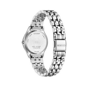 Photo of the Citizen Silhouette Diamond 26mm Eco-Drive watch featuring a shimmering mother of pearl dial, stainless steel case, and sparkling diamond accents for a luxurious look.