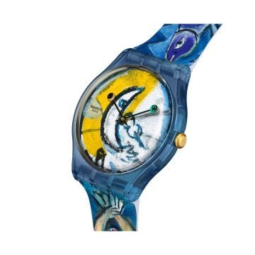 Swatch x Tate CHAGALL'S BLUE CIRCUS 41mm, Yellow Dial, Quartz Movement, Blue Case, Blue Strap Watch. Image 1