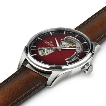 Photo of the Hamilton Jazzmaster Open Heart 40mm, Red Dial, Automatic Movement, Stainless Steel Case, Brown Leather Strap Watch H32675570