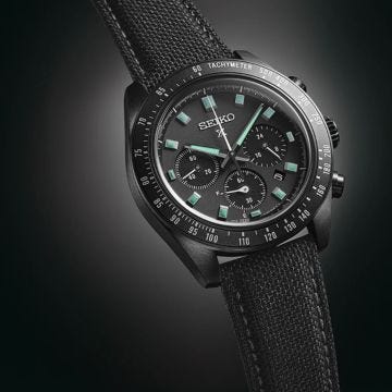 Seiko Black Series Night Speedtimer Solar Chronograph, Prospex 41.4mm, Black Dial, Solar Quartz Movement, Ceramic Case, Black Leather Strap Watch ssc923p1