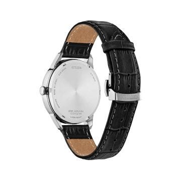 Photo of the Citizen Rolan 40mm, Silver Dial, Stainless Steel Case, Black Leather Strap, Eco-Drive Watch BU2110-01A