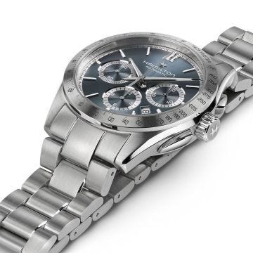 Photo of the Hamilton Jazzmaster Performer 42mm, Blue Dial, Automatic Movement, Stainless Steel Chronograph Watch H36656140