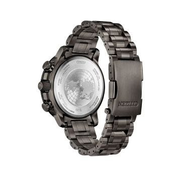 Photo of the Citizen Promaster Sky Geo Trekker 46mm watch BY3005-56E with a black dial, grey ion-plated stainless steel case, and Eco-Drive technology, providing precision timekeeping and durability for outdoor adventurers.