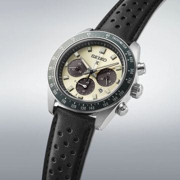Seiko Racing Sports Solar Speedtimer, Prospex 41.4mm, Ivory Dial, Solar Quartz Movement, Stainless Steel Case, Leather Strap Watch SSC943P1