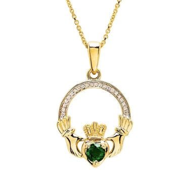 14k Gold Lab Grown Diamond Lab Emerald Claddagh Necklace