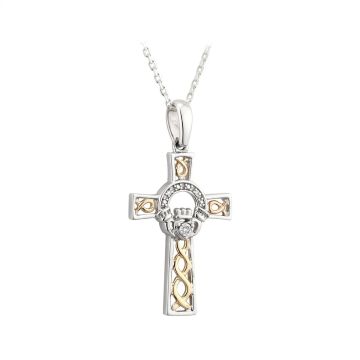 10k Gold & Silver Diamond Claddagh Cross Necklace