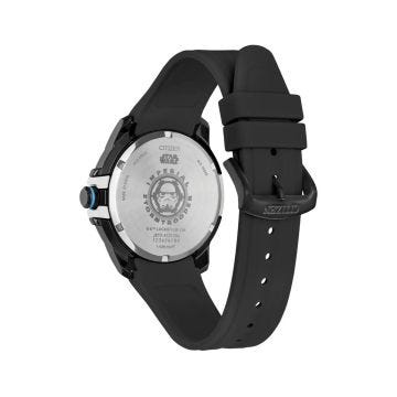 Photo of the Citizen Star Wars Imperial Stormtrooper 44mm watch AW1659-00W featuring a black dial, black ion-plated stainless steel case, and Eco-Drive technology. A bold and striking timepiece inspired by the iconic Star Wars Stormtroopers.