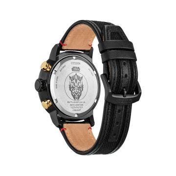Photo of the Citizen Star Wars Darth Maul Mastermind 44mm watch CA0766-02W featuring a black dial, black ion-plated stainless steel case, and black nylon strap, powered by Eco-Drive technology. A bold timepiece inspired by the infamous Darth Maul.