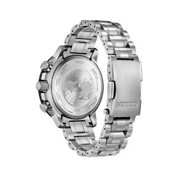 Photo of the Citizen Promaster Sky Geo Trekker 46mm watch BY3006-53H with a grey dial, stainless steel case, and bracelet, powered by Eco-Drive technology. Designed for adventure with precision and durability.