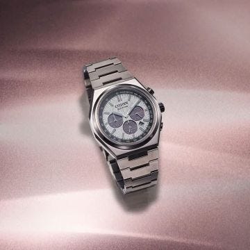 Photo of the Citizen Zenshin Chrono Super Titanium 42mm watch CA4610-85A with a sleek white dial, chronograph function, and lightweight, durable Super Titanium case, powered by Eco-Drive technology.