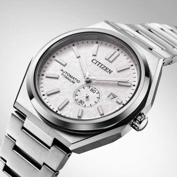 Photo of the Citizen Zenshin Super Titanium 41mm watch with a refined silver dial, durable Super Titanium case and bracelet, powered by Eco-Drive technology.