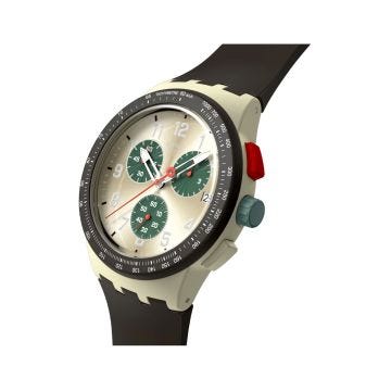 Photo of the Swatch Essentials OBSIDIAN INK 42mm Beige Dial Quartz Brown Strap Watch SUST402
