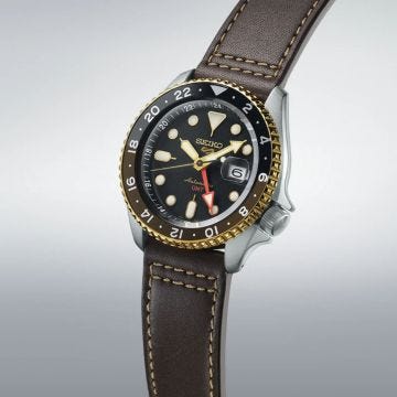 Seiko 5 Sports SKX GMT 42.5mm, Black Dial, Automatic Movement, Stainless Steel Case, Brown Leather Strap Watch ssk036k1