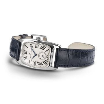 Photo of the Hamilton American Classic Boulton Small Second Quartz Watch with a 27x31mm white dial, elegant small seconds subdial, and a stylish blue leather strap H13421611