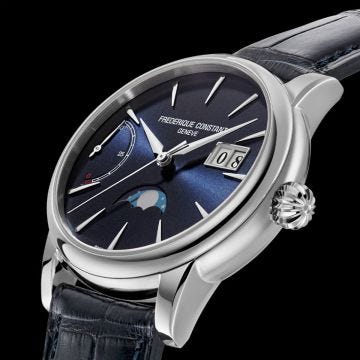 Photo of the Frederique Constant Classic Power Reserve Big Date Manufacture 40mm Automatic Watch with Navy Dial, Stainless Steel Case & Leather Strap – FC-735N3H6