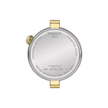 Photo of the Tissot Desir 28mm watch (T1520102211801) with a Mother of Pearl dial, yellow gold PVD Roman numeral indexes, and a two-tone stainless steel & yellow gold PVD bracelet