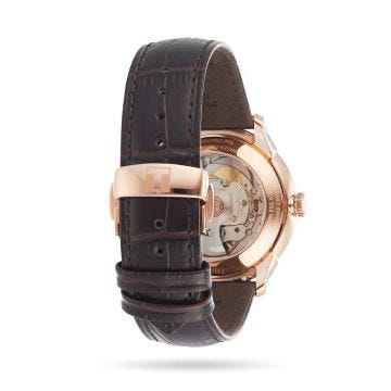 Photo of the Tissot Chemin Des Tourelles Powermatic 80 39mm watch (T1398073603100) with a silver dial, Powermatic 80 movement, rose gold PVD-coated stainless steel case, and leather strap